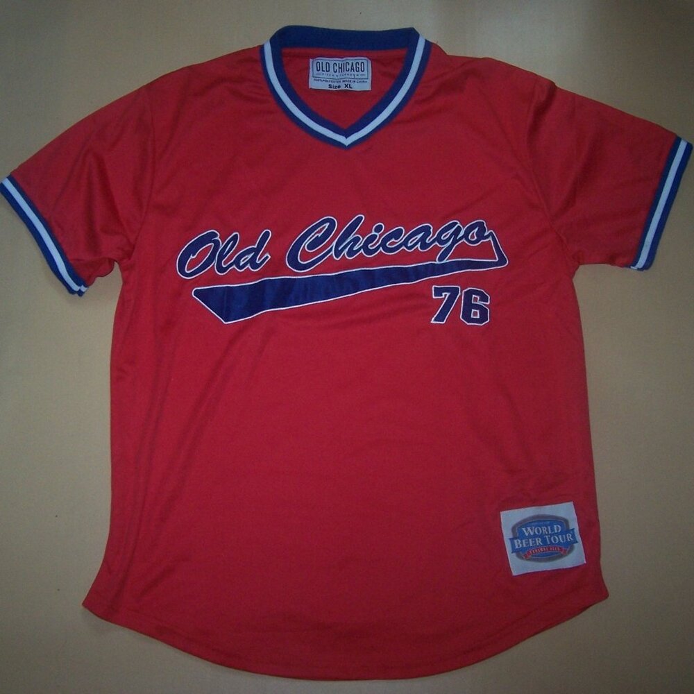 Old Chicago World Beer Tour #76 V-Neck Red Baseball Jersey XL Polyester Shirt
